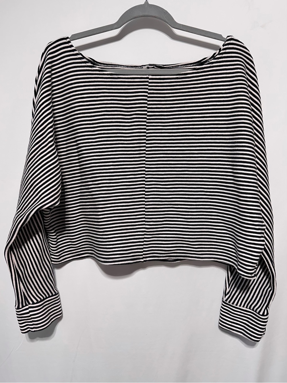 Black White Striped Cropped Boat Neck Dolman Sleeve Knit Top Resort